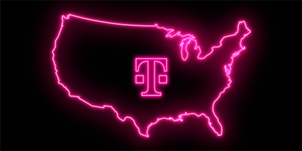Magenta outline of the United States with the T-Mobile logo in the middle.