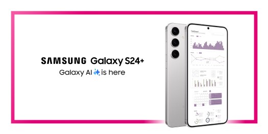 Two Marble Gray Samsung Galaxy S24+ devices shown back and front displaying dashboard UI.