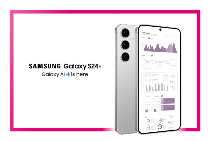 Two Marble Gray Samsung Galaxy S24+ devices shown back and front displaying dashboard UI.