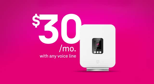 A T-Mobile 5G Gateway router and the text, ‘$30 per month with any voice line.’