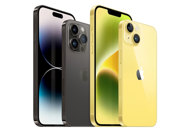 Black iPhone 14 and yellow iPhone 14 Pro next to one another.