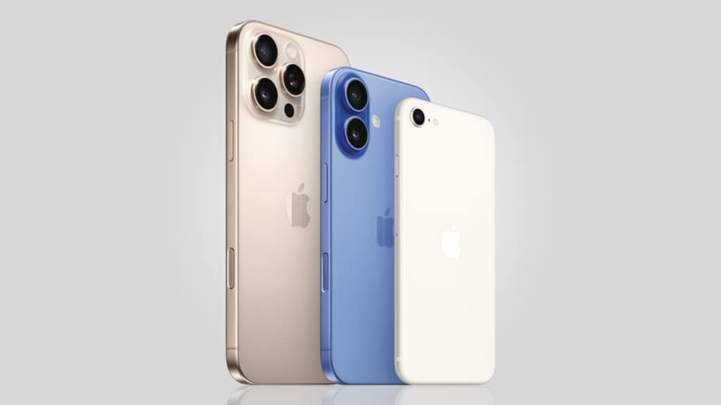 An Apple iPhone 16 Pro Max in Natural Titanium, an Apple iPhone 16 Plus in Ultramarine and an Apple iPhone SE (3rd Gen) in Starlight.