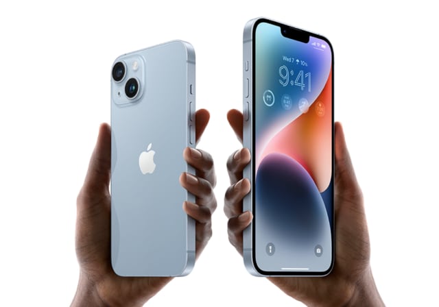 Two iPhones being held up show the front and back views.