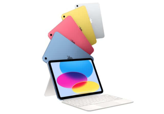 Apple table laptops in different colors: steel grey, yellow, pink, and blue-green free falling in to one open version