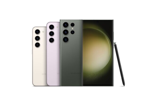Samsung Galaxy S23 models shown next to each other with an S Pen stylus leaning against one phone