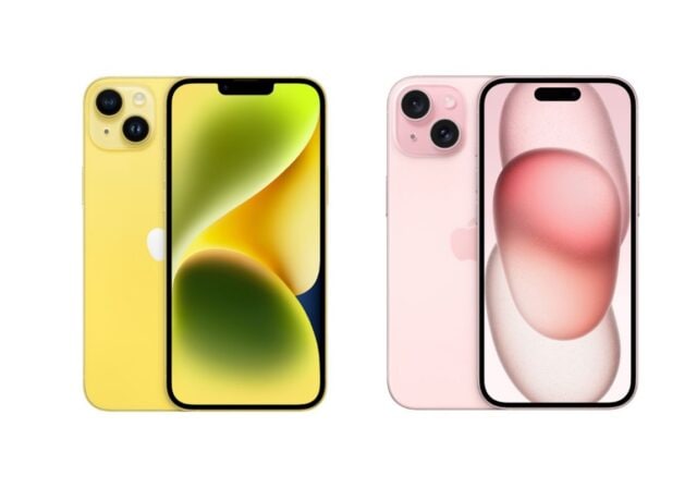 Font and rear face of the yellow iPhone 14 and pink iPhone 15.
