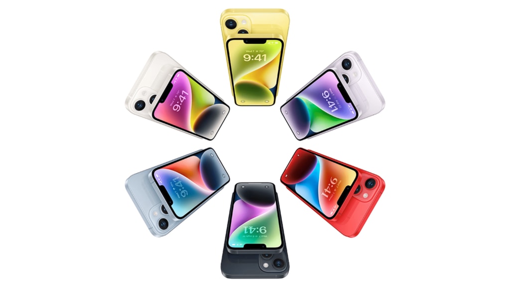 A top view of six iPhone 13 in different colors arranged in a hexagon