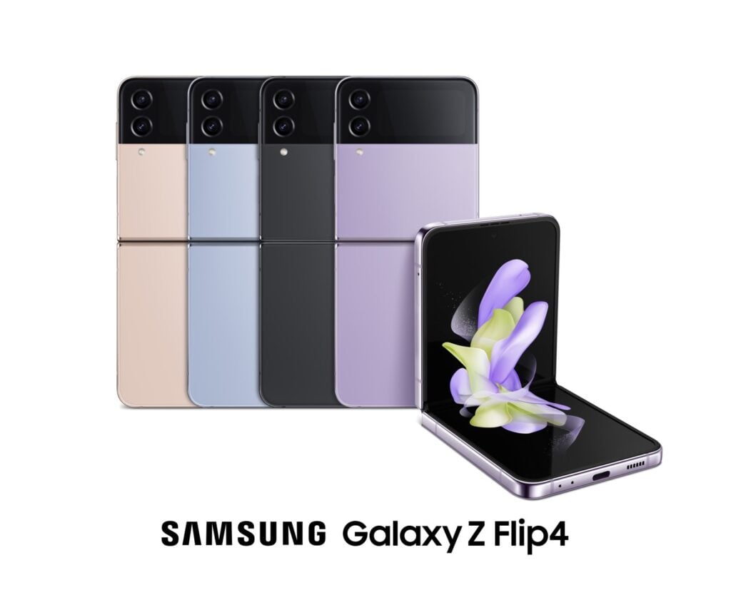 Four cascaded Samsung Galaxy Z Flip4 leading one half folded version