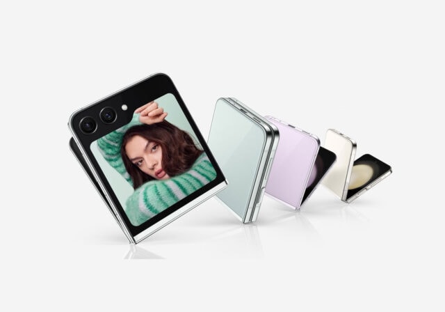 Four Samsung Galaxy Z Flip5 models ranging from closed to flipped all the way open with a woman appearing on the screen.