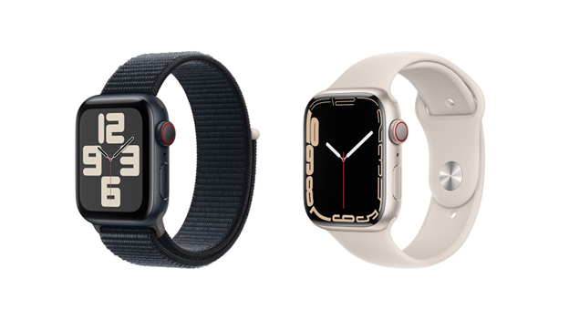 Two smartwatches, the Apple watch SE and Apple watch 7, next to each other.
