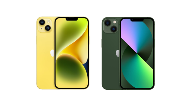 Comparing a green iPhone 13 versus a yellow iPhone 14.