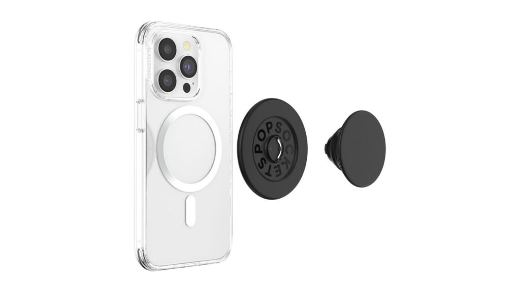 Image of a PopSockets PopGrip for MagSafe next to an iPhone against a white background.