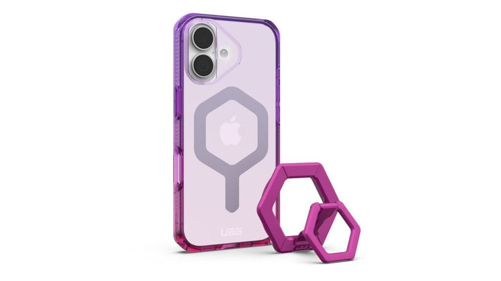 Image of a UAG MagSafe Plyo Case with Magnetic Ring Stand on a phone against a white background.