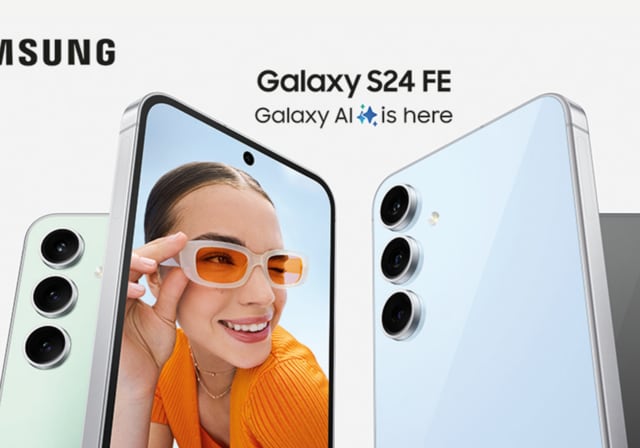 Four Samsung Galaxy S24 FE phone models side by side with one display showing a winking girl with sunglasses.
