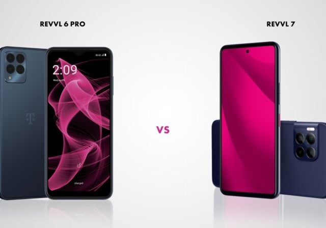 The front and back of the REVVL 6 Pro cell phone next to the front and back of the REVVL 7 cell phone.