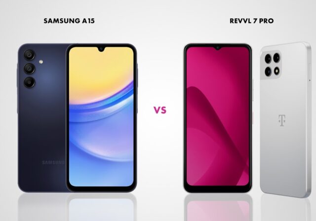 The front and back of the Samsung A15 cell phone next to the front and back of the REVVL 7 Pro cell phone.
