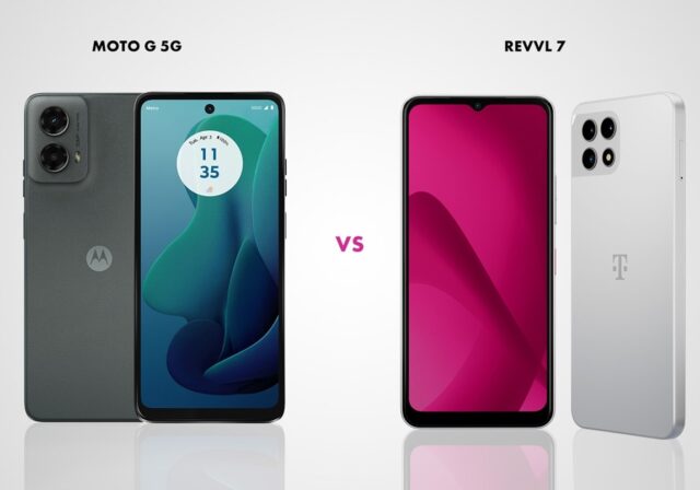 The front and back of the Motorola moto g 5G cell phone next to the front and back of the T-Mobile REVVL 7 5G cell phone.
