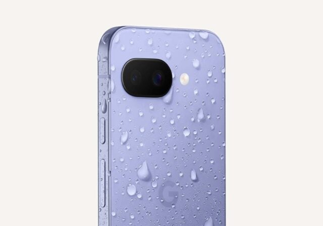Image of a purple Google phone with droplets of water on it.