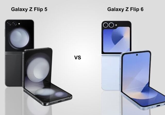 A black Samsung Galaxy Z Flip 5 next to a blue Samsung Galaxy Z Flip 6.