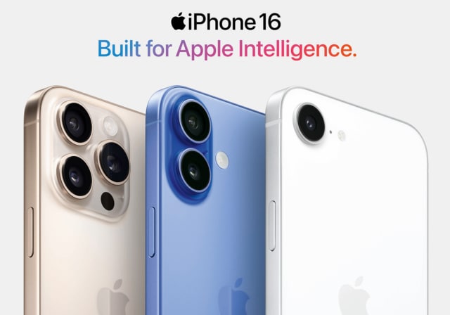 Image of three iPhone 16 types in a row