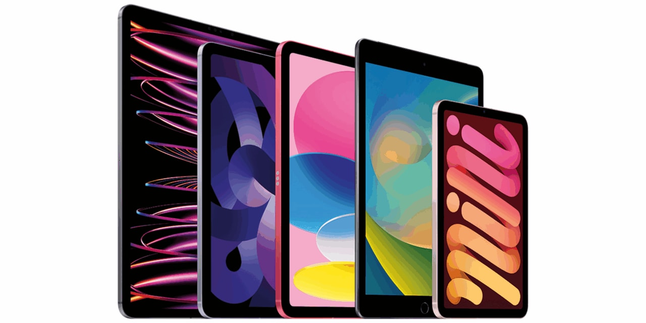 Five iPads in row each varying in size.