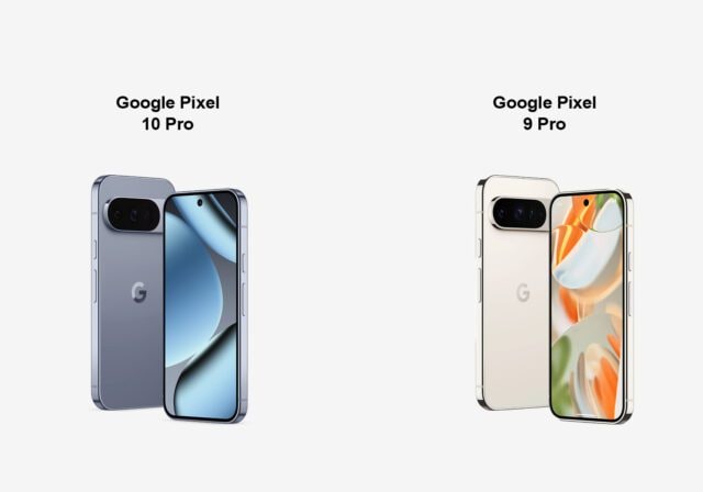 The Google Pixel 10 Pro next to Google Pixel Pro 9.