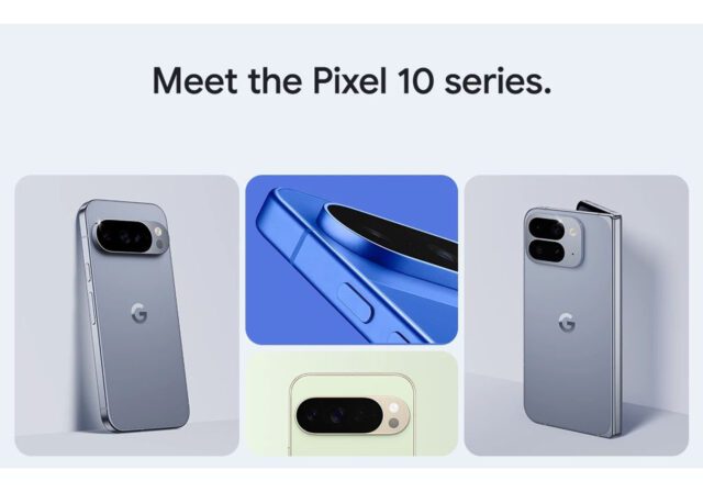 A photo of the Google Pixel 10 Lineup including the Pixel 10, the Pixel 10 Pro, and the Pixel 10 Fold.