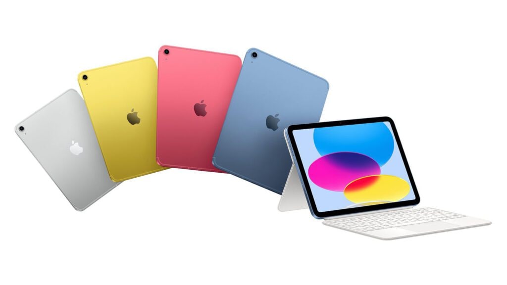 Image of different colored iPads, one with an attached keyboard.
