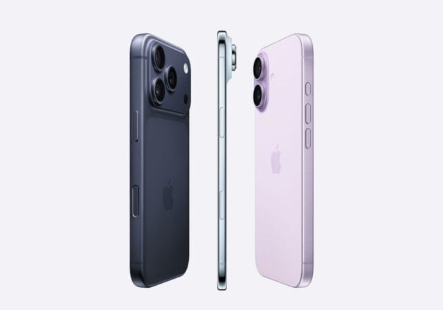The iPhone 17 series in Black, Mist Blue and Lavender.