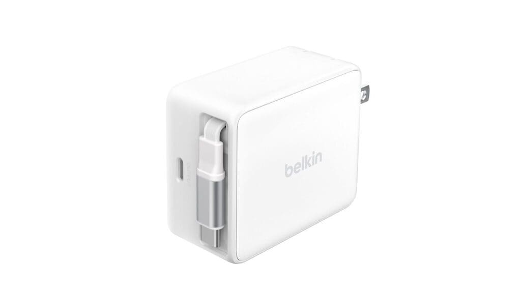 Image of a Belkin 57W Adapter with a retractable cable against a white background.