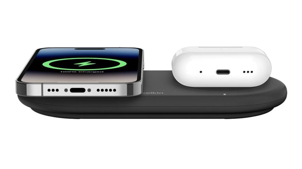 Image of a Belkin Qi2 charger charging both a phone and AirPods.
