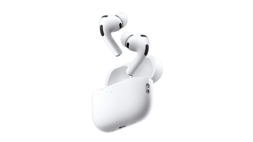 A pair of white Apple AirPods Pro (3rd generation) floating above an open charging case on a clean white background.