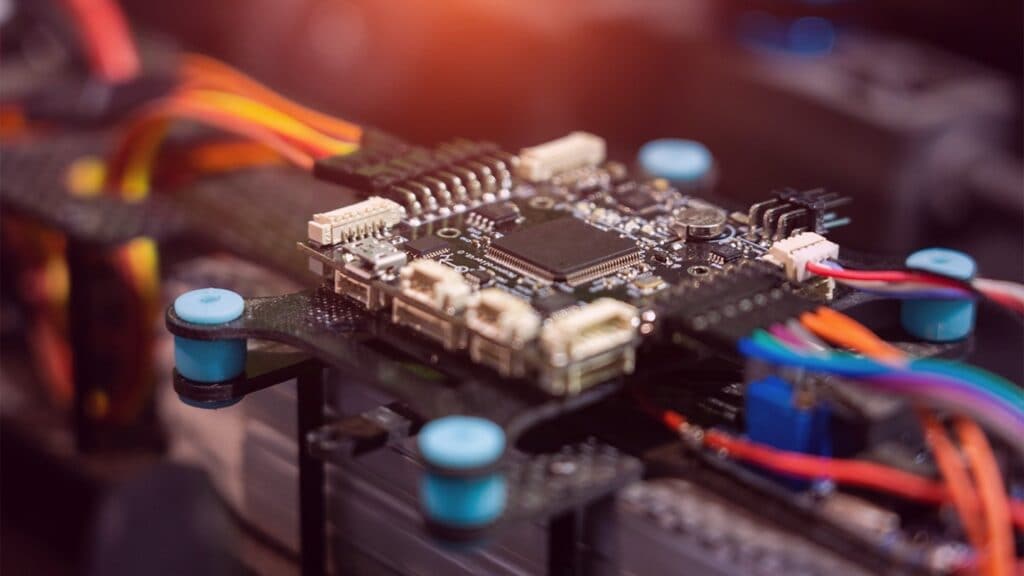 A close-up of a circuit board inside a modem.