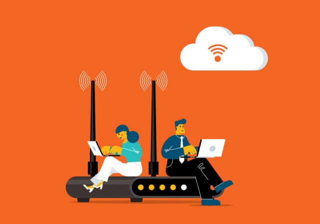 A cartoon depiction of two people sitting on a large wireless access point.