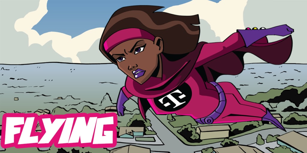 Captain MEGAHertz flies over city