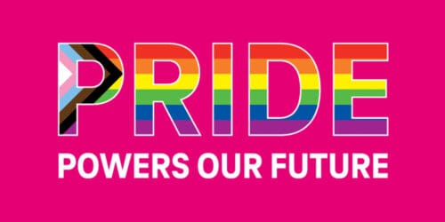 Pride Powers Our Future in rainbow text