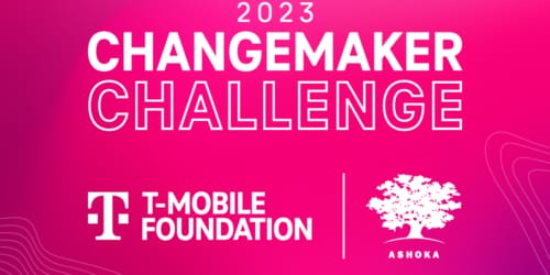 Image with Magenta background and white lettering saying "2023 Changemaker Challenge" in the center and "T-Mobile Foundation | Ashoka" at the bottom center