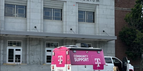 T-Mobile Community Support truck in front of Barre Municipal Auditorium