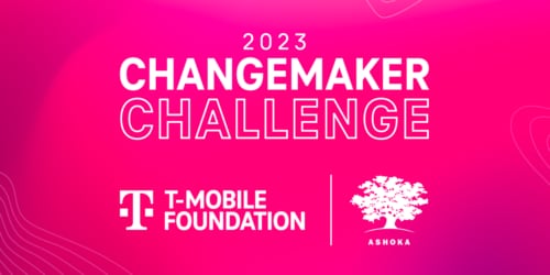 Image with Magenta background and white lettering saying "2023 Changemaker Challenge" in the center and "T-Mobile Foundation | Ashoka" at the bottom center