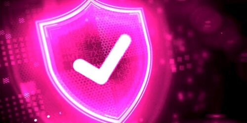 Pink shield with checkmark.