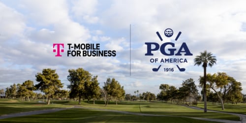 Logos for T-Mobile and the PGA of America superimposed over an image of a golf course.