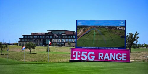 video board on a golf course with a magenta screen that reads T5G Range