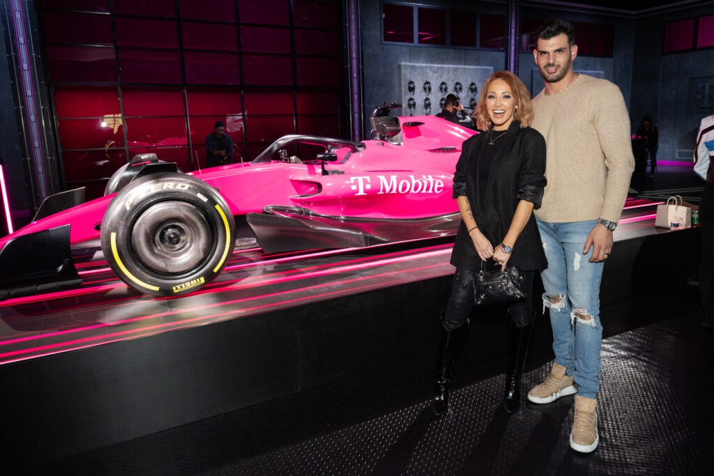 Mary and Romain Bonnet join T-Mobile to celebrate the company’s Switching Made Easy announcement and the renewal of its Formula 1 Las Vegas Grand Prix partnership on Nov. 20, 2025, at the ARIA Resort and Casino in Las Vegas. (Brian Friedman/AP Content Services for T-Mobile)
