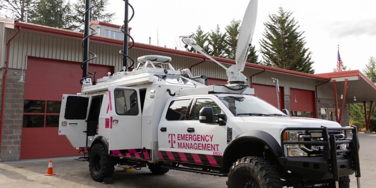 T-Mobile SatCOLT in front of a fire station, 2025.