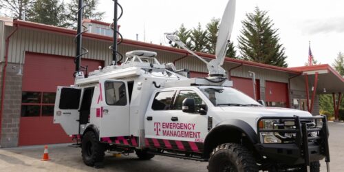 T-Mobile SatCOLT in front of a fire station, 2025.
