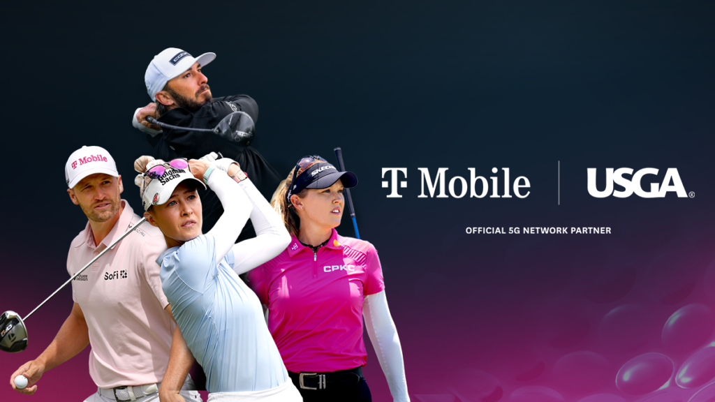T-Mobile and USGA logos with T-Mobile sponsored professional golfers to announce T-Mobile as the Official 5G Network Partner of the USGA. 