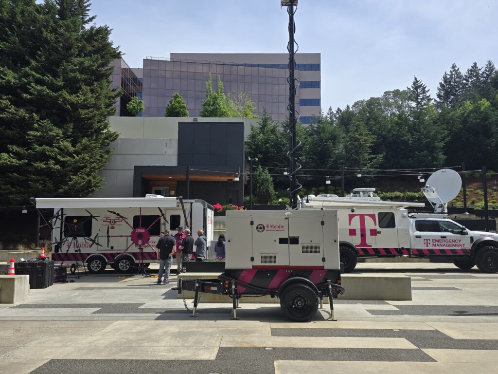 T-Mobile deployable assets, SatCOLT, drone trailer and generator, on display at Bellevue headquarters, 2026