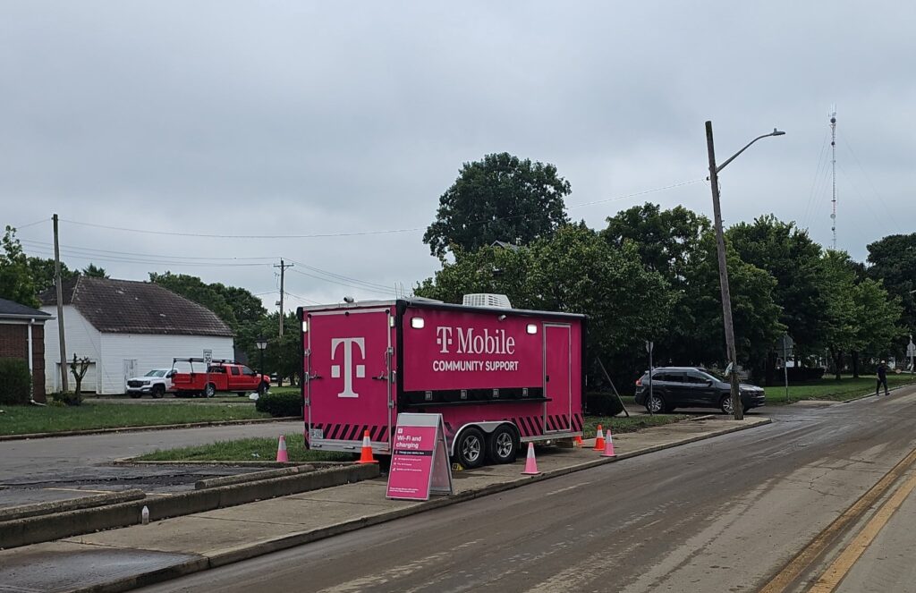 T-Mobile Community Support Trailer Providing Wi-Fi and Charging at Connersville Community Support Location, Cornersville, IN